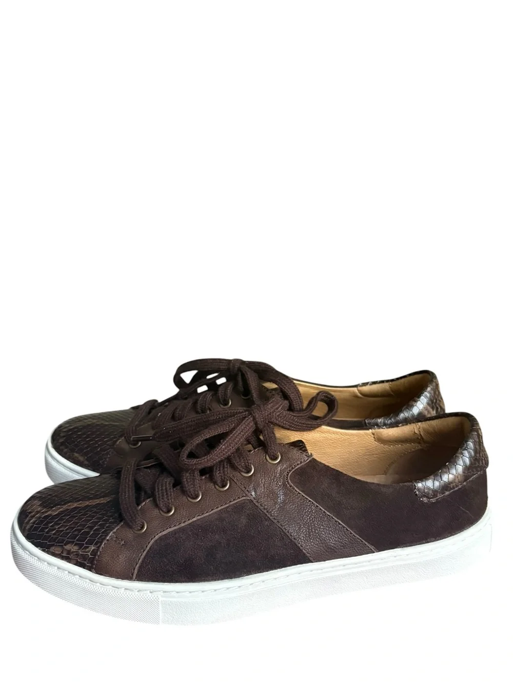 TRASK LINDSEY BROWN SNAKE-PRINT CALFSKIN/WASHED SHEEPSKIN/SUEDE size 7.5
